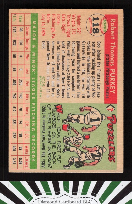 1955 Topps #118 Bob Purkey VGEX c, back
