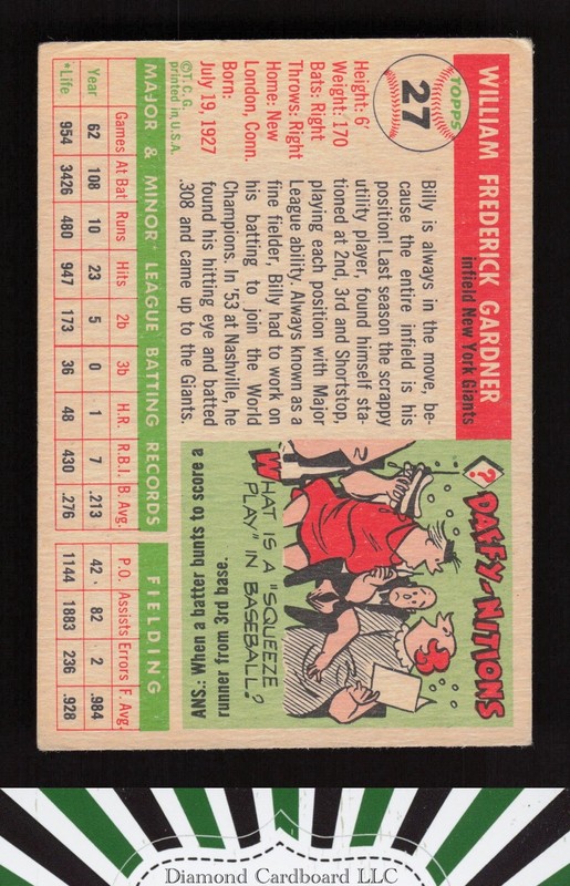 1955 Topps #27 Billy Gardner VG e, back