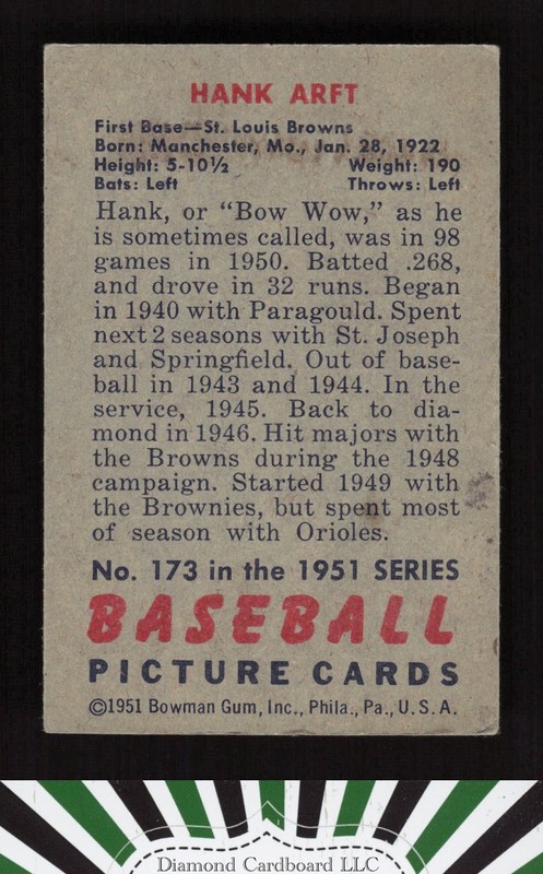 1951 Bowman #173 Hank Arft VGEX [CENTERED], back
