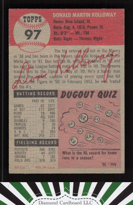 1953 Topps #97 Don Kolloway : Bio uses black text EXMT+ i, back