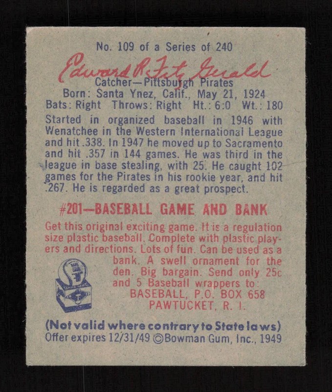 1949 Bowman #109 Ed FitzGerald Script Name VGEX+, back