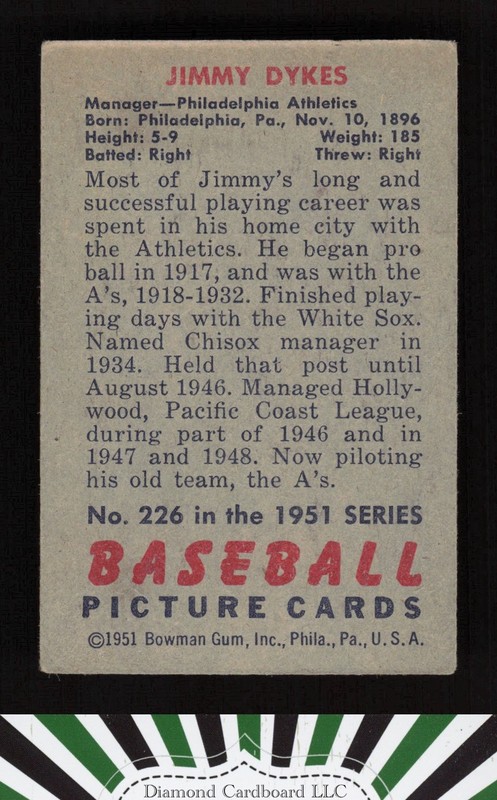 1951 Bowman #226 Jimmy Dykes VG+, back