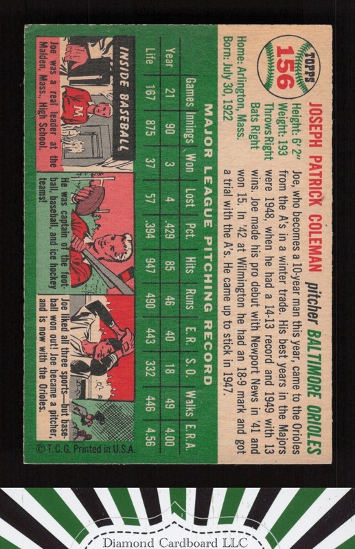 1954 Topps #156 Joe Coleman VGEX i, back