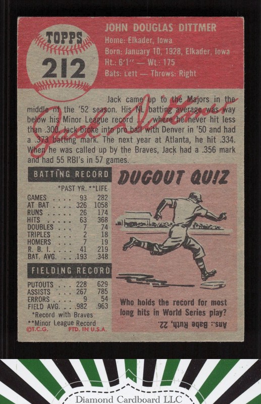 1953 Topps #212 Jack Dittmer EX g, back