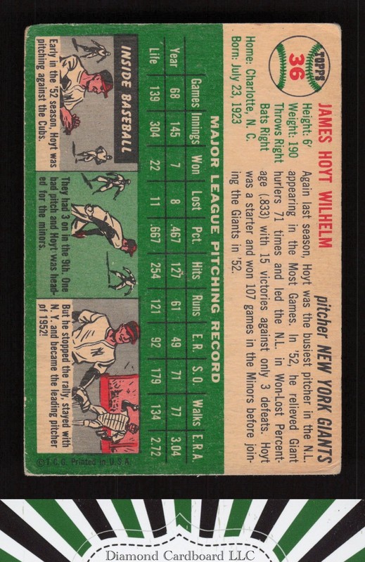 1954 Topps #36 Hoyt Wilhelm VG+ e, back