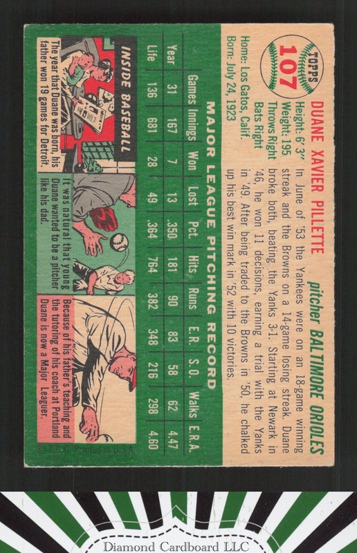 1954 Topps #107 Duane Pillette VG+ f, back