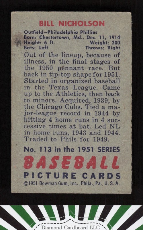 1951 Bowman #113 Bill Nicholson VG, back