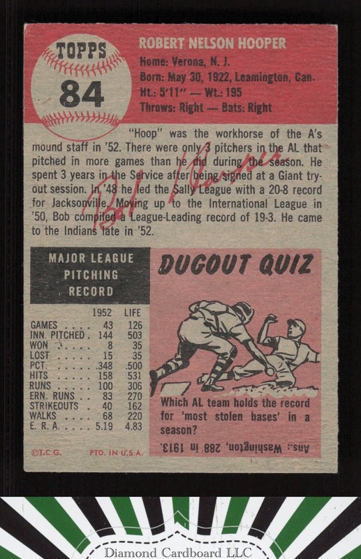 1953 Topps #84 Bob Hooper VGEX d, back