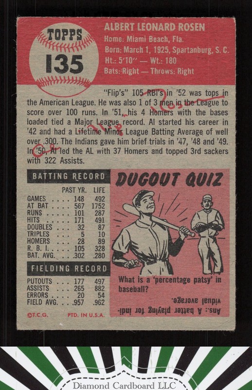 1953 Topps #135 Al Rosen : Bio uses white text VG b, back