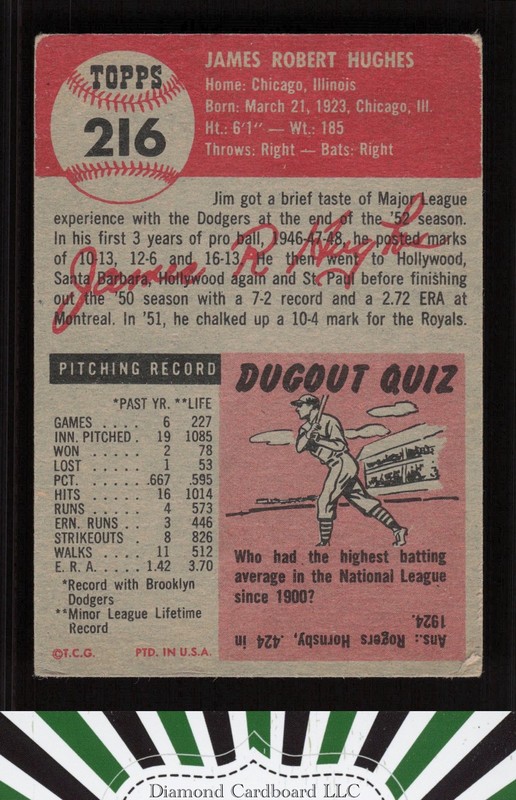 1953 Topps #216 Jim Hughes GD+ [GOOD CENTERING] c, back