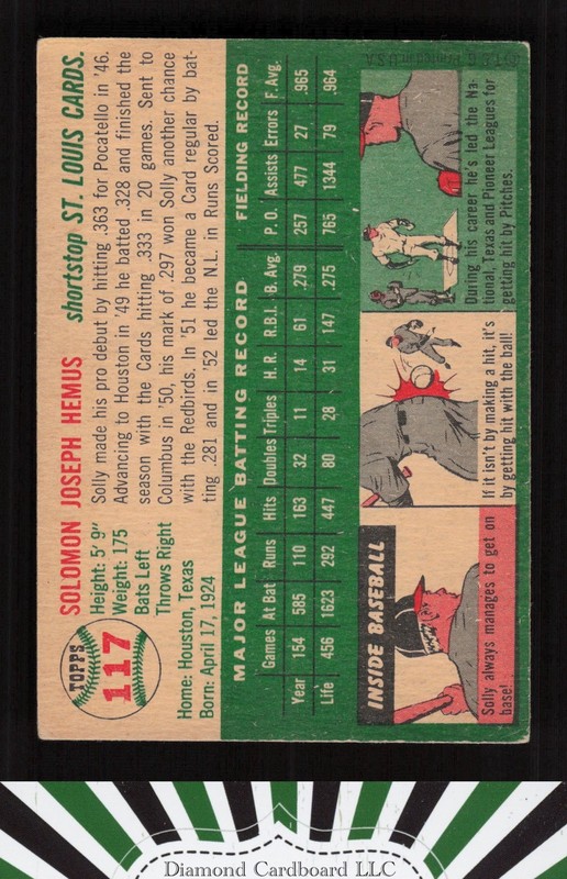 1954 Topps #117 Solly Hemus VGEX h, back