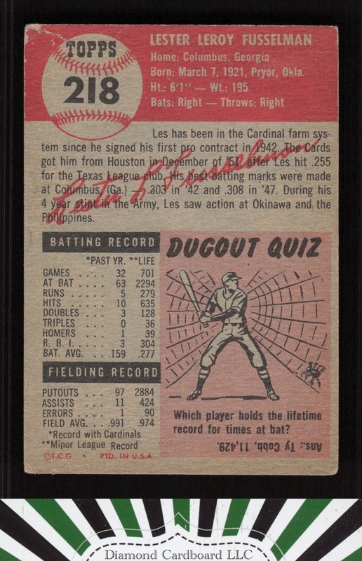 1953 Topps #218 Les Fusselman VG d, back