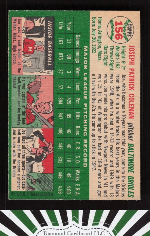 1954 Topps #156 Joe Coleman VGEX k, back