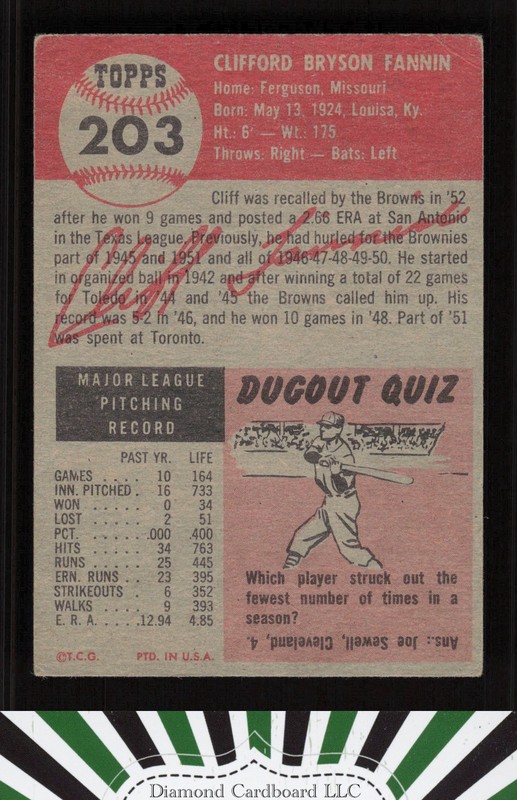 1953 Topps #203 Cliff Fannin VG+ [CENTERED] d, back
