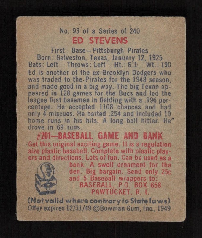 1949 Bowman #93 Ed Stevens VGEX, back