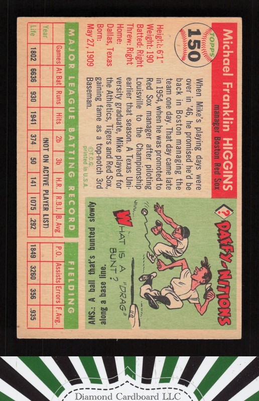 1955 Topps #150 Mike Higgins EX n, back