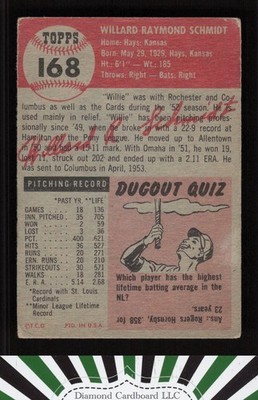 1953 Topps #168 Willard Schmidt FR a, back