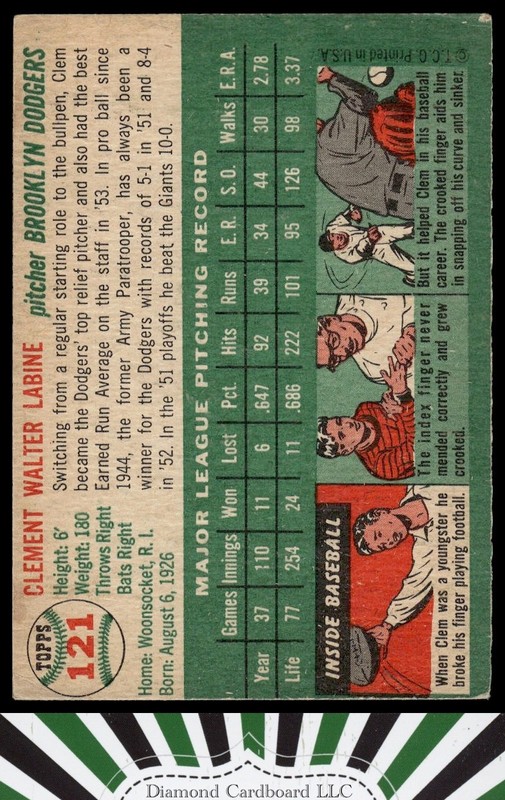 1954 Topps #121 Clem Labine EX d, back