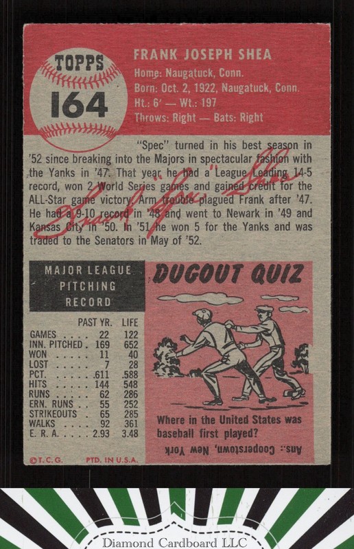 1953 Topps #164 Frank Shea : Bio uses white text VGEX h, back