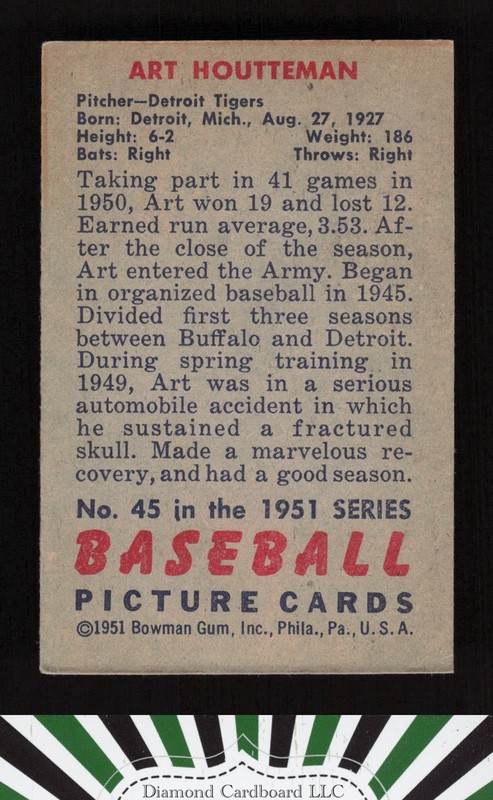 1951 Bowman #45 Art Houtteman VG+, back