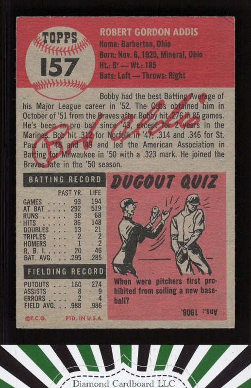 1953 Topps #157 Bob Addis : Bio uses black text VG [GOOD CENTERING] c, back