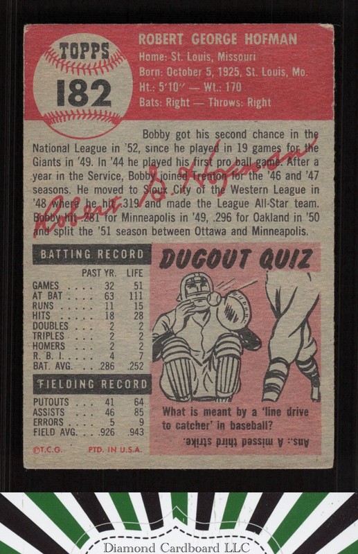 1953 Topps #182 Bobby Hofman VG d, back