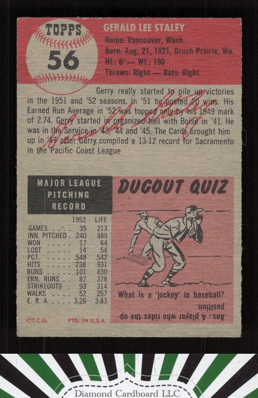 1953 Topps #56 Gerald Staley VG f, back