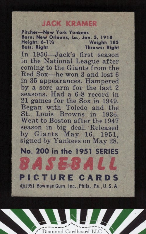 1951 Bowman #200 Jack Kramer EX+, back