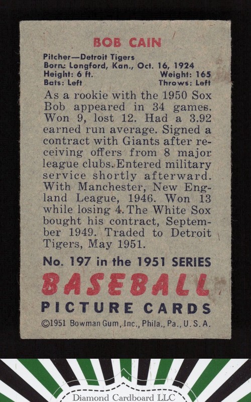 1951 Bowman #197 Bob Cain VG+ [CENTERED], back
