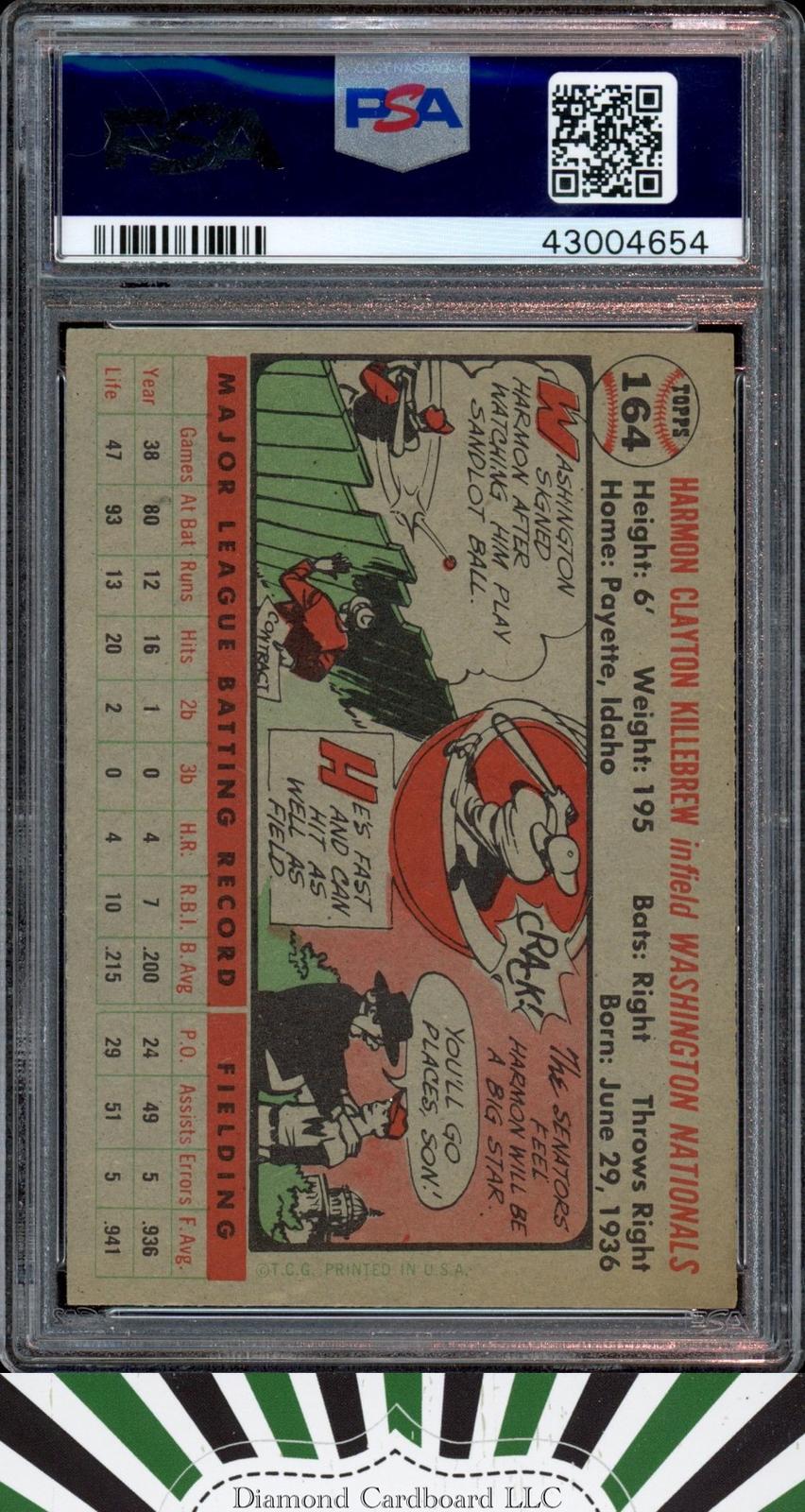 1956 Topps #164 Harmon Killebrew PSA 8 [BEAUTIFULLY CENTERED], back