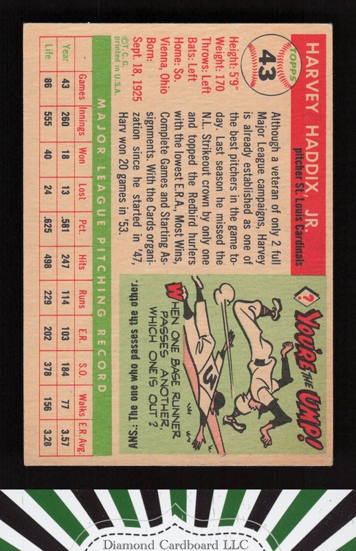 1955 Topps #43 Harvey Haddix VG c, back