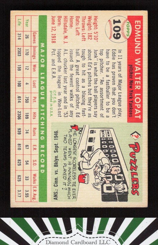 1955 Topps #109 Ed Lopat VGEX f, back
