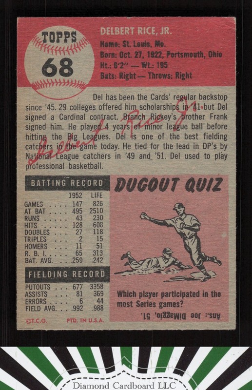 1953 Topps #68 Del Rice VGEX d, back