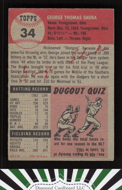 1953 Topps #34 George Shuba VG+ e, back