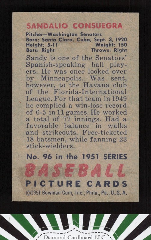 1951 Bowman #96 Sandy Consuegra VG [CENTERED], back