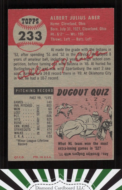 1953 Topps #233 Al Aber VGEX c, back