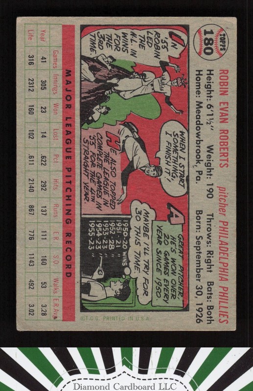 1956 Topps #180 Robin Roberts VGEX [NICELY CENTERED] q, back