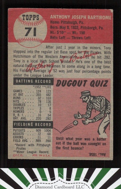 1953 Topps #71 Tony Bartirome VG+ d, back