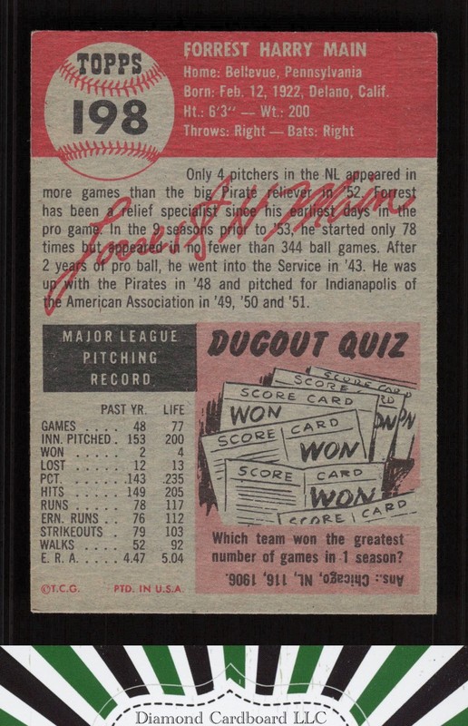 1953 Topps #198 Forrest Main VGEX e, back