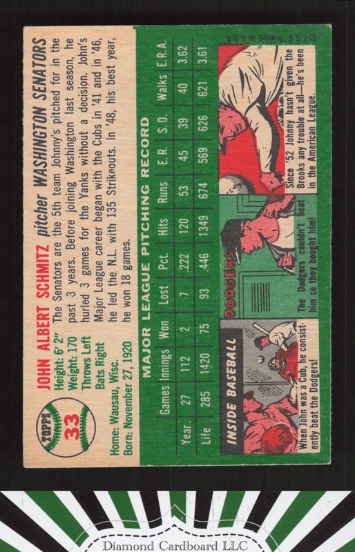 1954 Topps #33 Johnny Schmitz EX+ m, back