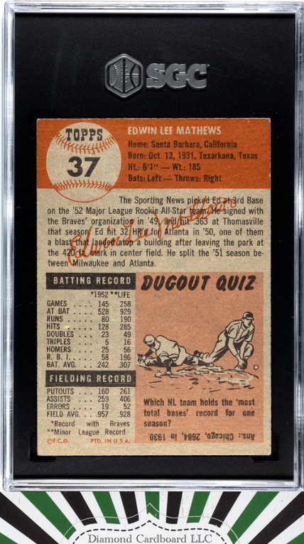 1953 Topps #37 Ed Mathews SGC 5.5, back