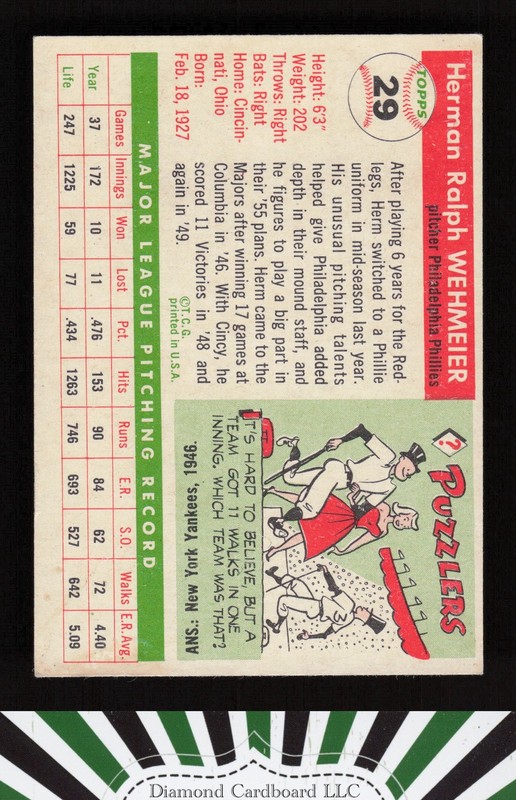 1955 Topps #29 Herman Wehmeier VGEX c, back
