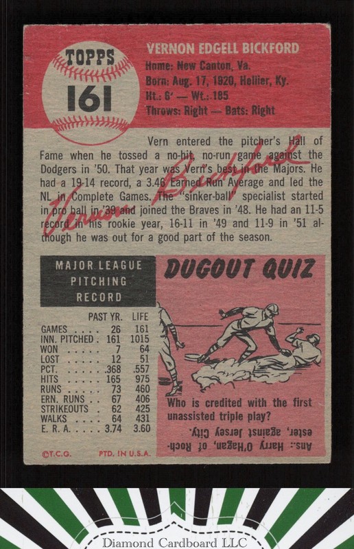 1953 Topps #161 Vern Bickford : Bio uses black text VG b, back