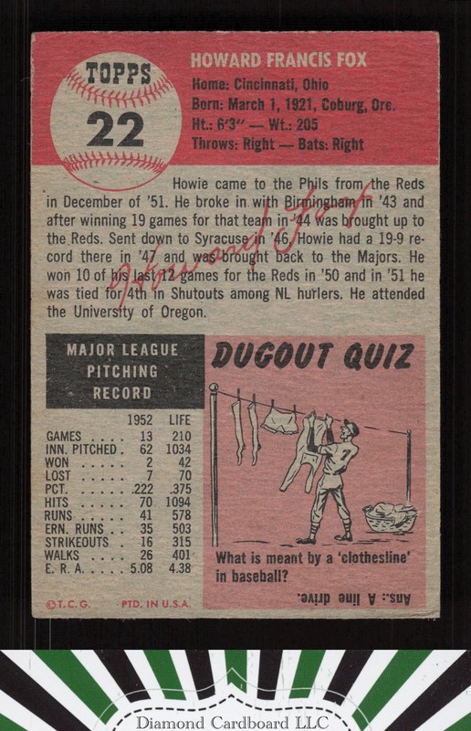 1953 Topps #22 Howie Fox VG b, back
