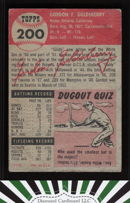 1953 Topps #200 Gordon Goldsberry GD d, back