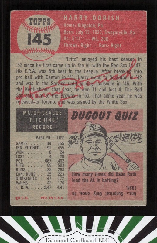 1953 Topps #145 Harry Dorish : Bio uses white text GD+ [NICELY CENTERED] b, back