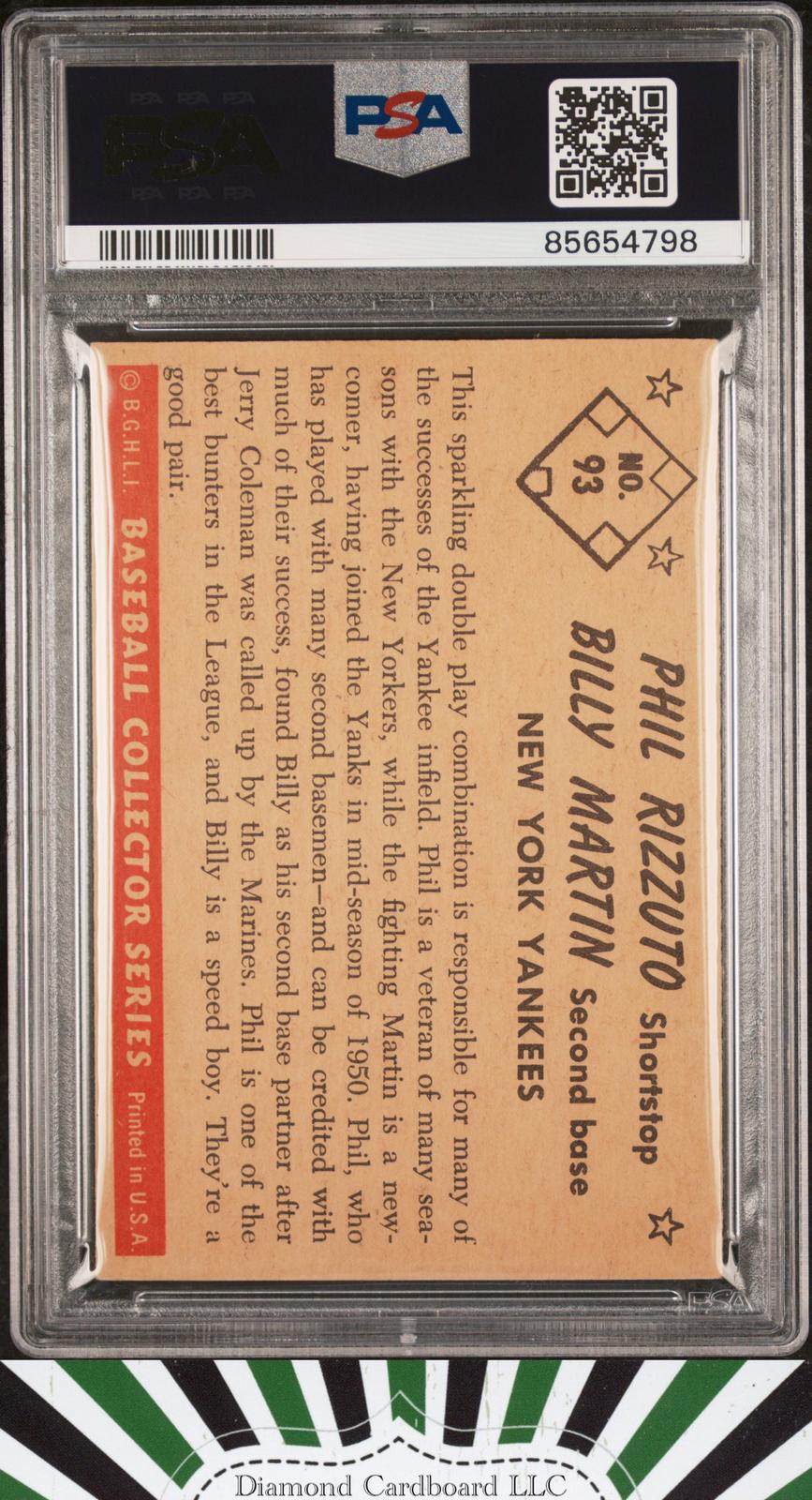 1953 Bowman Color #93 Phil Rizzuto / BIlly Martin PSA 7, back