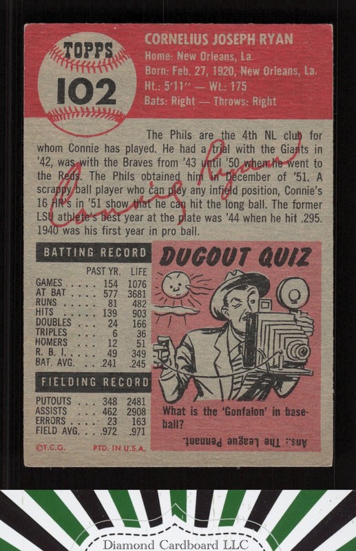 1953 Topps #102 Connie Ryan : Bio uses white text VGEX g, back