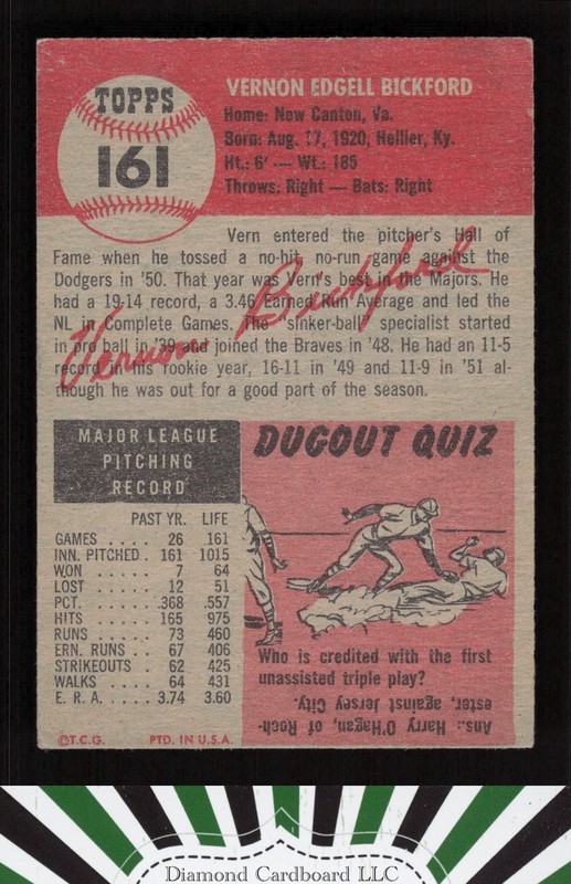 1953 Topps #161 Vern Bickford : Bio uses black text VG c, back