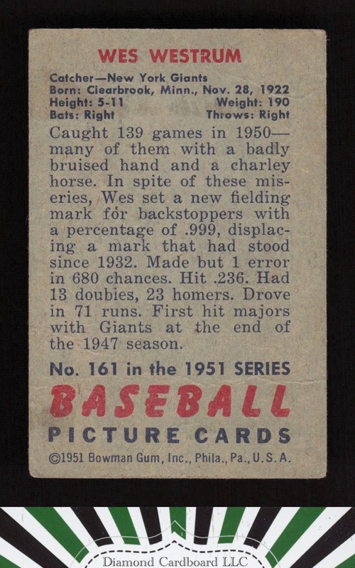 1951 Bowman #161 Wes Westrum GD+, back